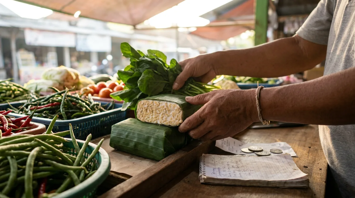 Konsumen sedang memilih tempe dan sayuran di warung lokal, menyoroti dampak langsung kenaikan harga barang kebutuhan pokok pada keuangan rumah tangga.