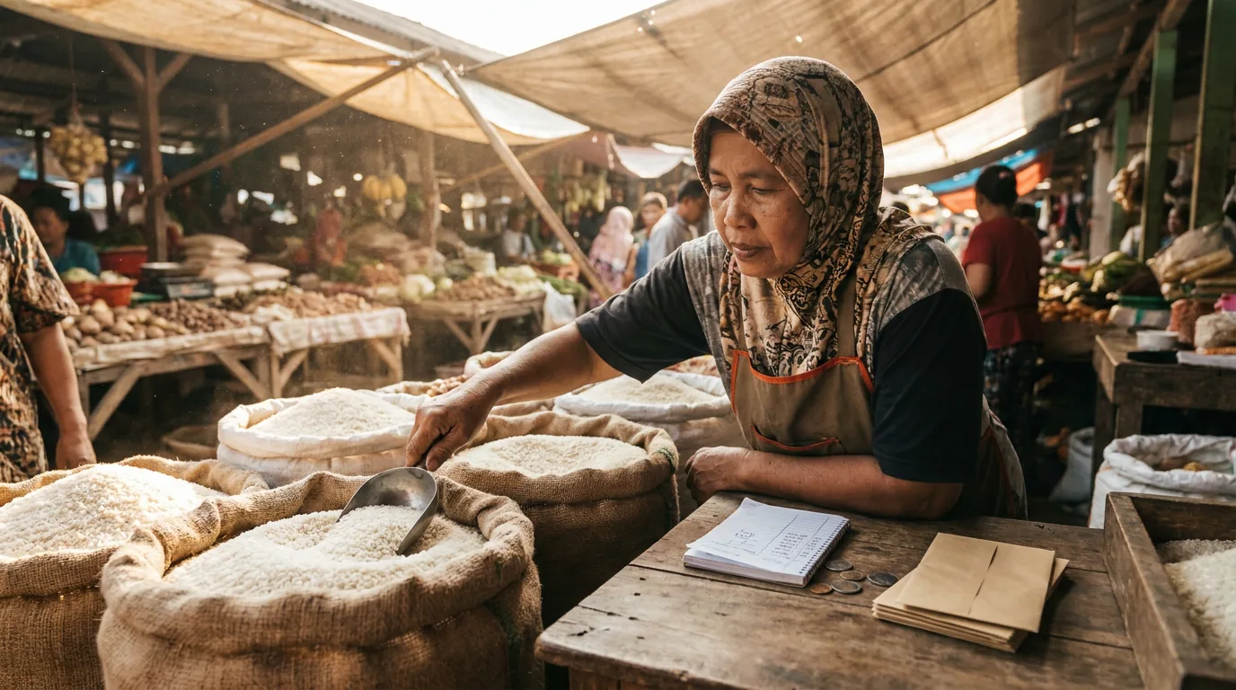Pedagang di pasar tradisional Indonesia sedang merapikan karung berisi beras putih di tengah ancaman inflasi pangan dan cuaca ekstrem.