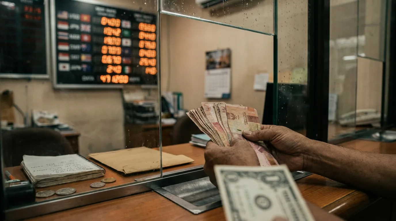 Tangan memegang uang kertas Rupiah di loket penukaran uang dengan latar belakang papan nilai tukar mata uang asing yang buram.