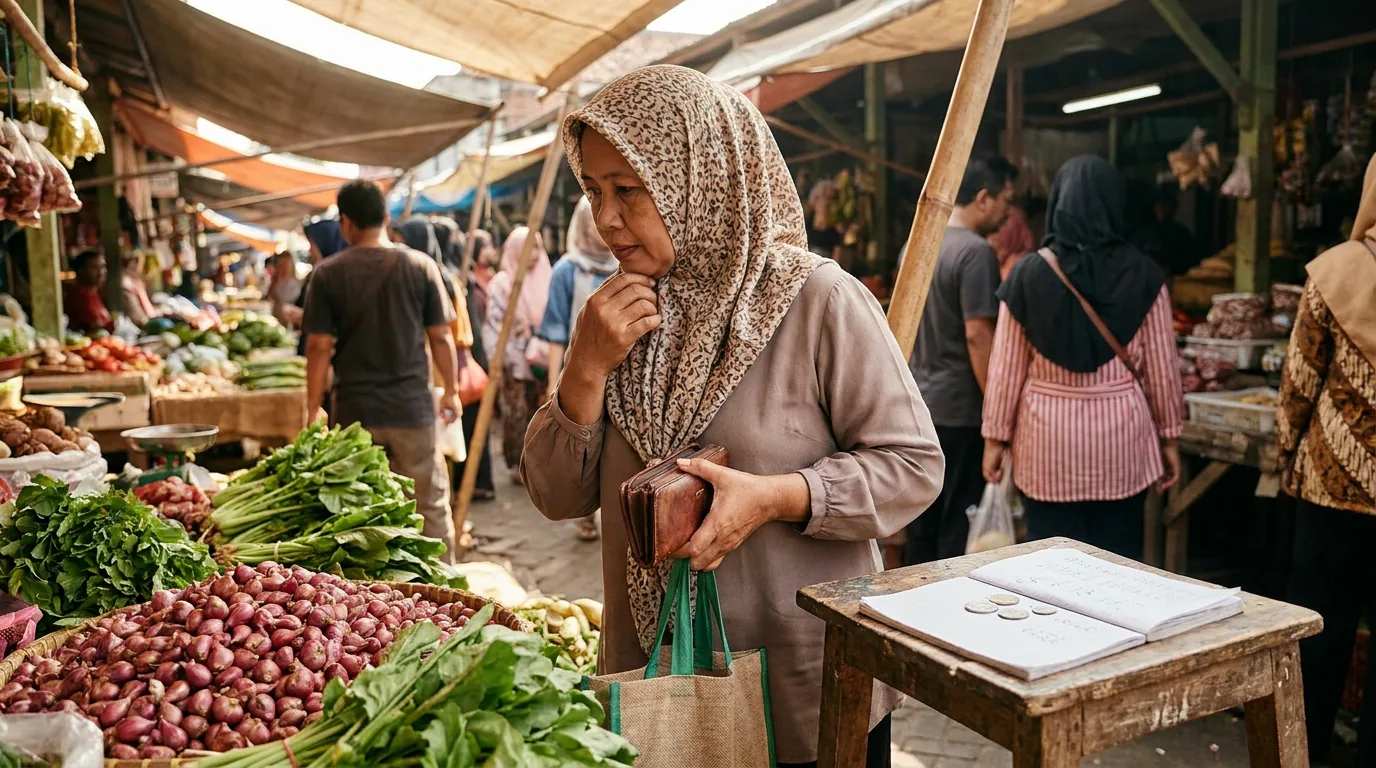 Seorang ibu rumah tangga sedang berbelanja bahan pokok di pasar tradisional Indonesia, mempertimbangkan pengeluaran harian di tengah naiknya harga barang.