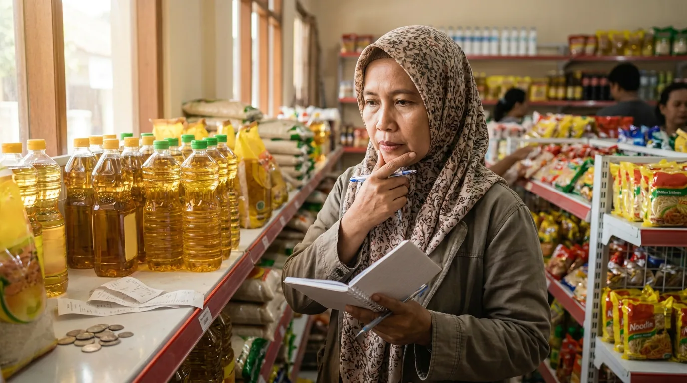 Seorang konsumen perempuan sedang mengecek harga bahan pokok di swalayan lokal, menggambarkan dampak pelemahan ekonomi terhadap biaya hidup harian.
