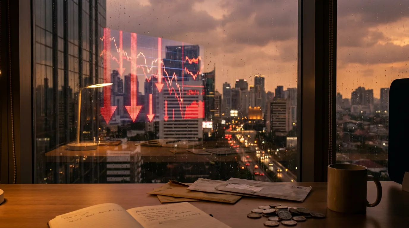 Refleksi grafik merah penurunan saham di kaca jendela dengan latar belakang siluet gedung pencakar langit Jakarta pada senja hari.