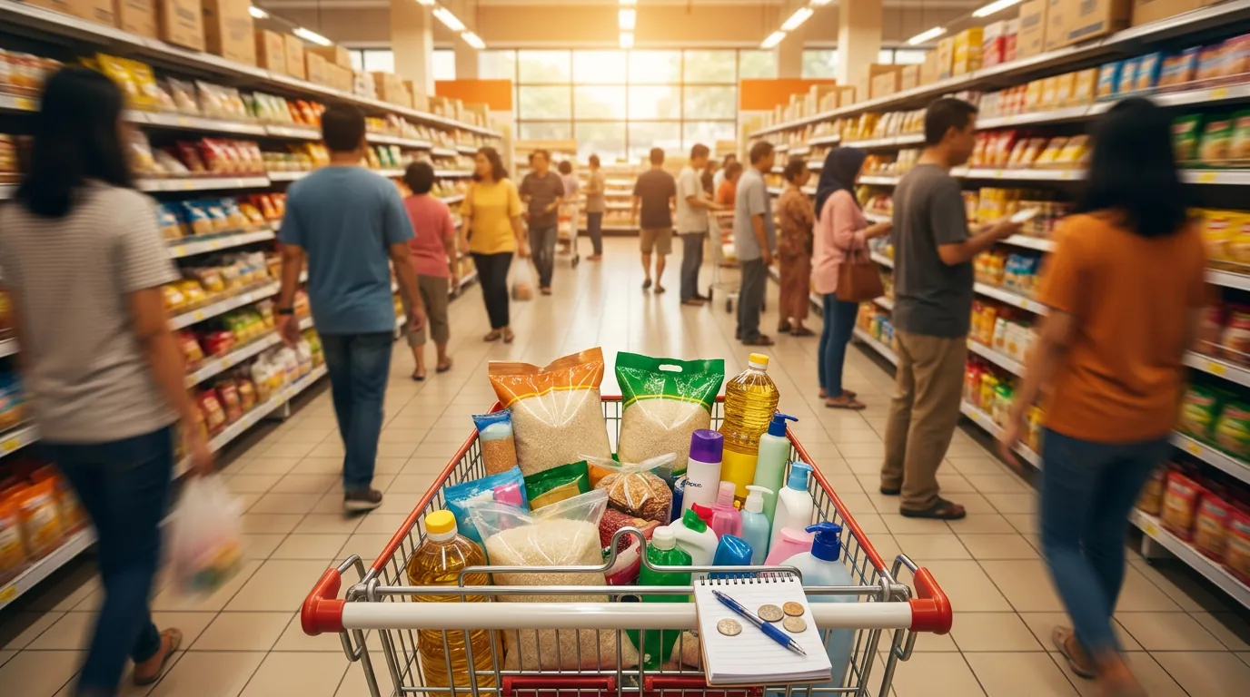 Suasana lorong supermarket di Indonesia dengan keranjang belanja penuh kebutuhan pokok yang menunjukkan tingginya aktivitas belanja konsumen.