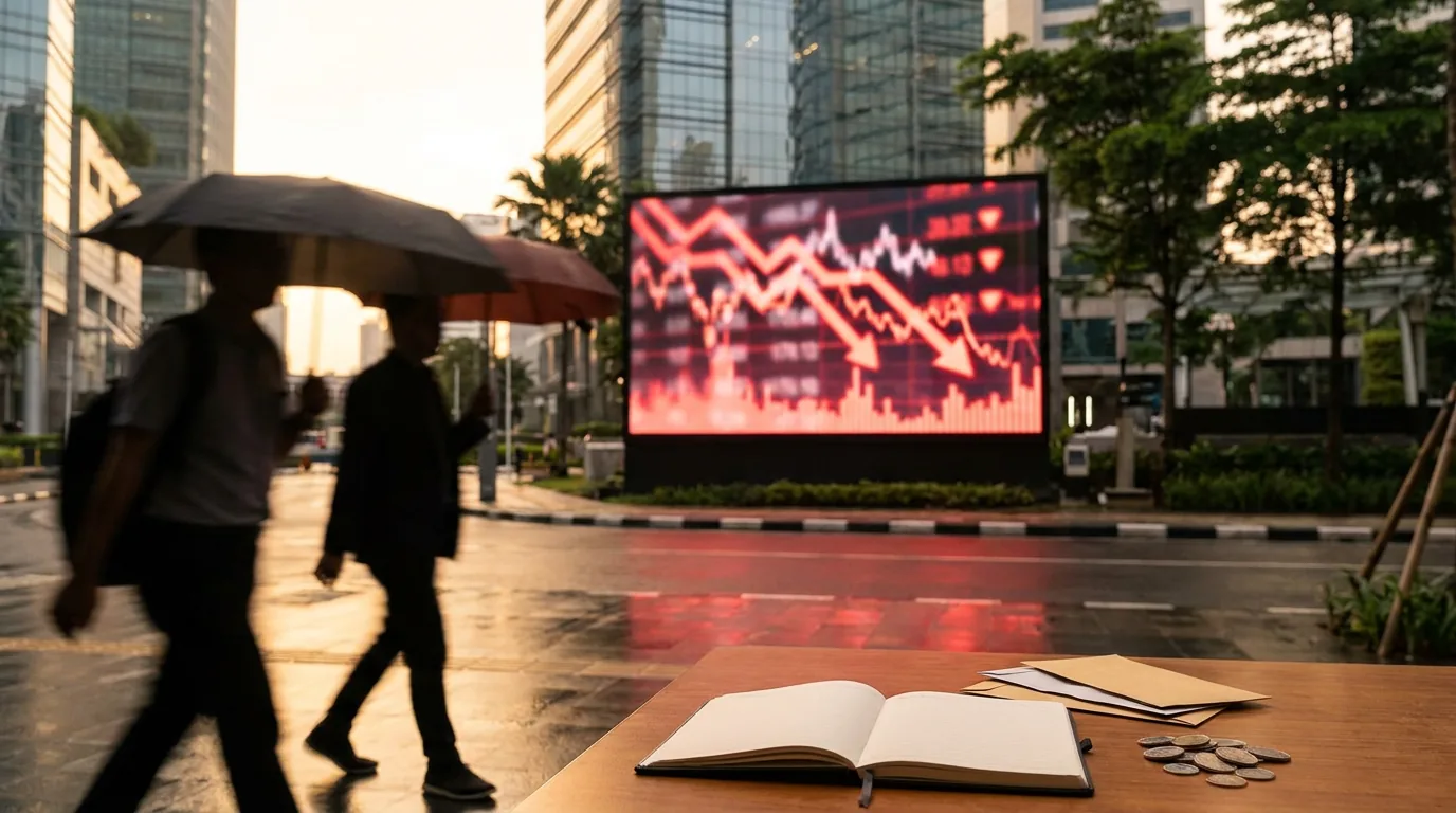 Papan penunjuk harga saham digital berwarna merah yang melambangkan aksi jual dan penurunan drastis di pasar global.