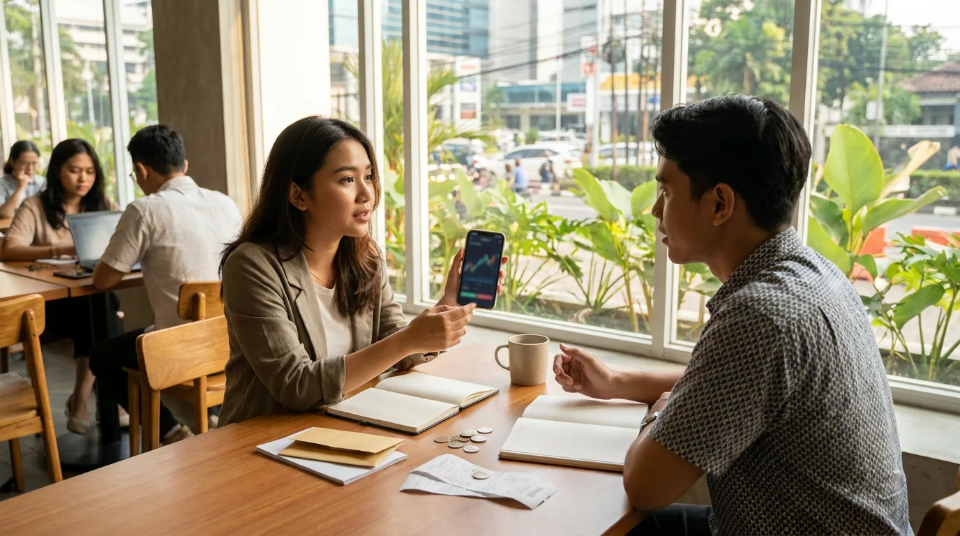 Dua pemuda Indonesia sedang berdiskusi tenang sambil melihat grafik keuangan di ponsel, belajar menghindari FOMO dalam berinvestasi.