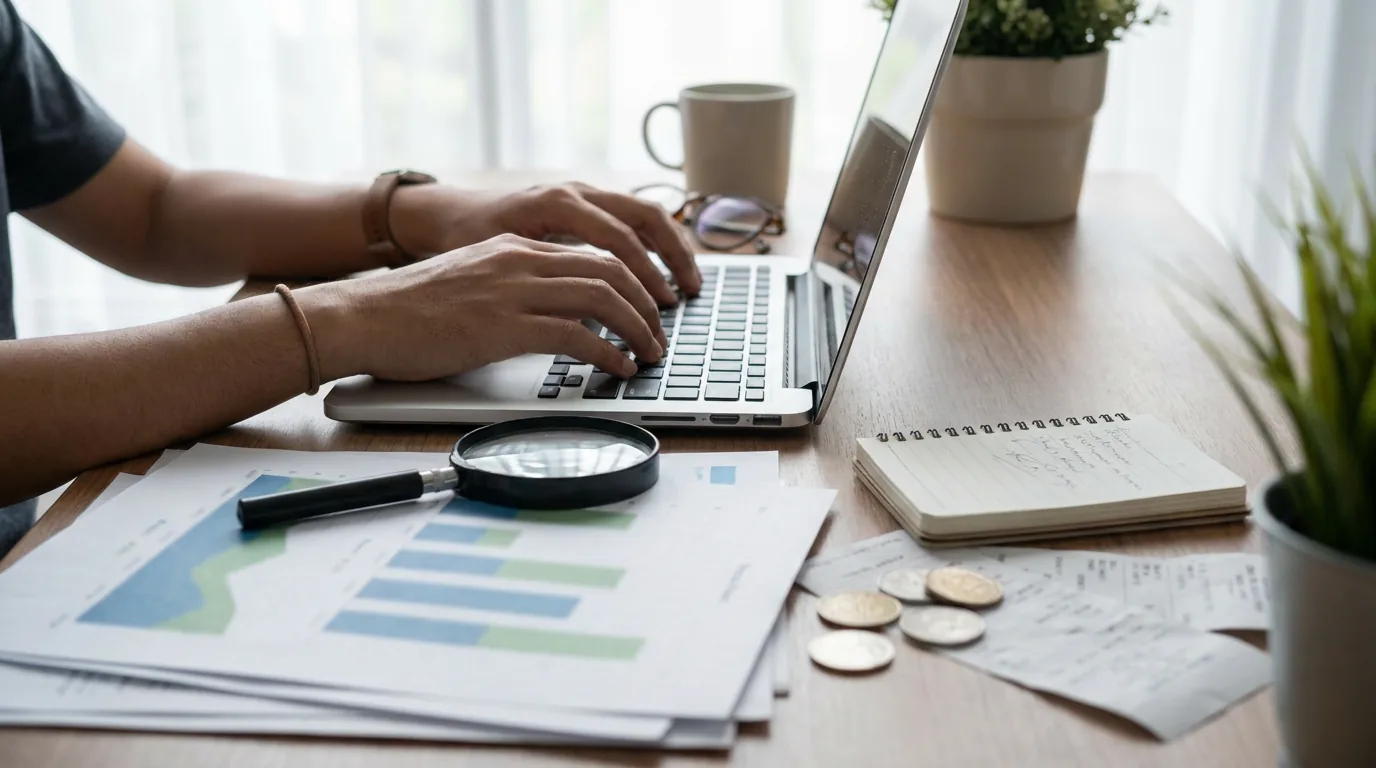 Tangan seseorang sedang mengetik di laptop dengan kaca pembesar di atas dokumen keuangan sebagai simbol verifikasi legalitas investasi.