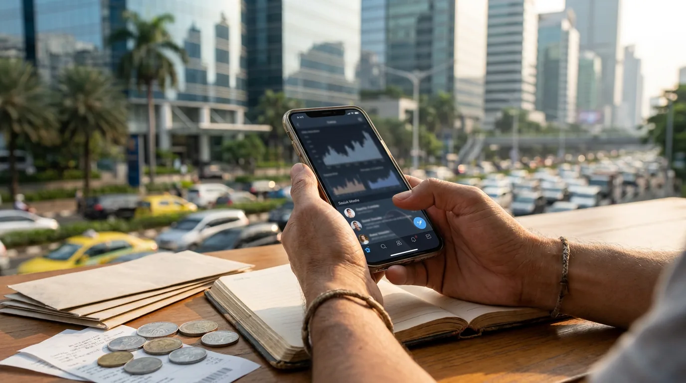 Tangan memegang ponsel pintar yang menampilkan grafik keuangan dengan latar belakang gedung perkantoran modern di Jakarta.