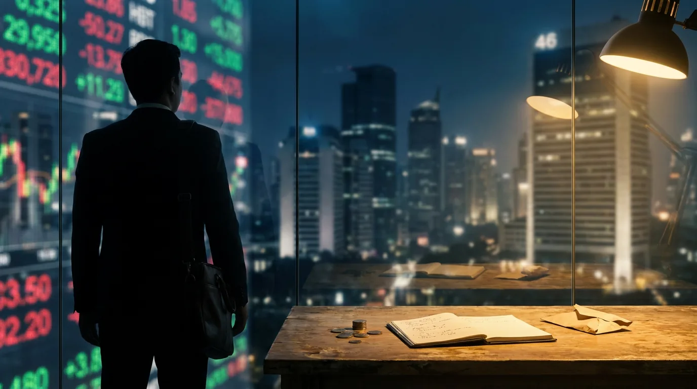 Siluet seseorang menatap papan pergerakan saham digital yang menyala di malam hari, melambangkan bayang-bayang manipulasi pasar modal global.