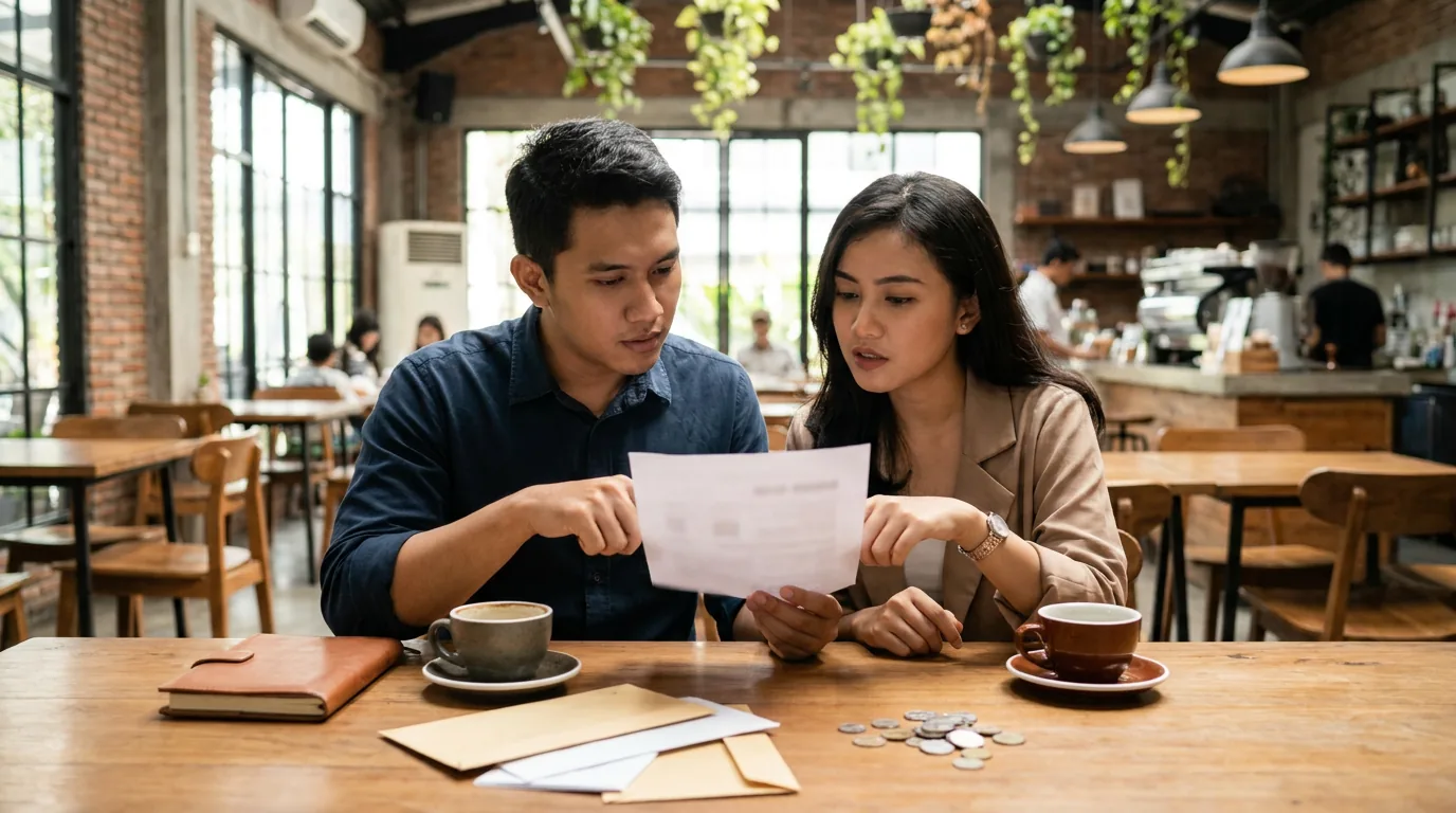 Dua pengusaha muda Indonesia sedang berdiskusi serius mengenai dokumen perjanjian bisnis patungan di sebuah kedai kopi.