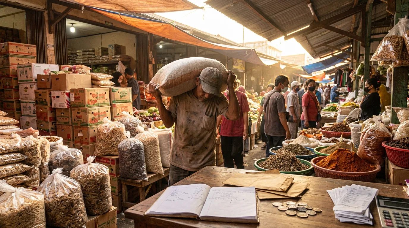 Suasana sibuk di pasar induk Indonesia pada pagi hari yang merepresentasikan perputaran ekonomi riil dan dampak inflasi terhadap daya beli masyarakat.