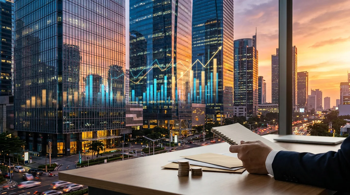Pemandangan distrik keuangan modern di Jakarta dengan ilustrasi grafik investasi abstrak yang melambangkan pergerakan modal dan strategi alokasi dana.