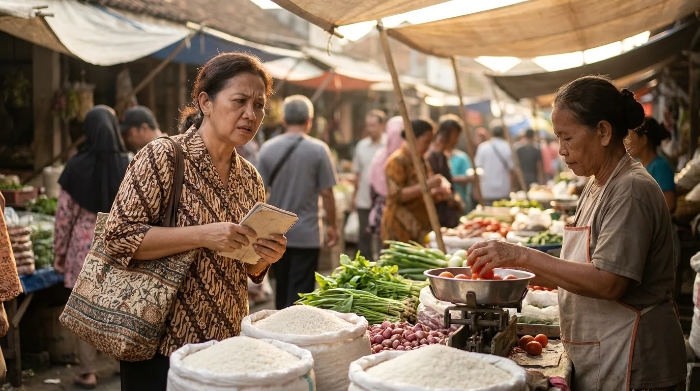 Suasana pasar tradisional di Indonesia di mana pembeli sedang mengevaluasi harga bahan pokok di tengah tekanan inflasi.