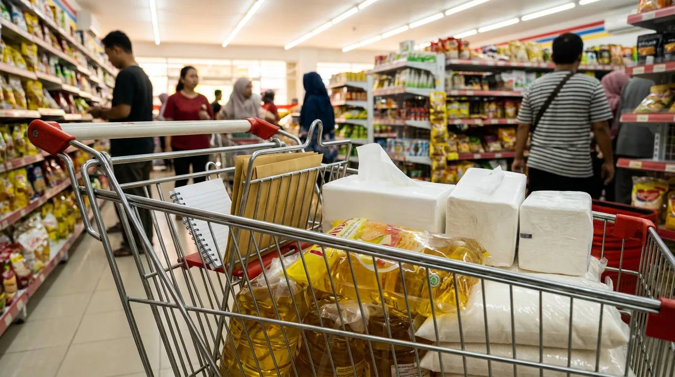 Keranjang belanja di minimarket yang berisi produk-produk kebutuhan sehari-hari tanpa merek sebagai strategi belanja hemat.