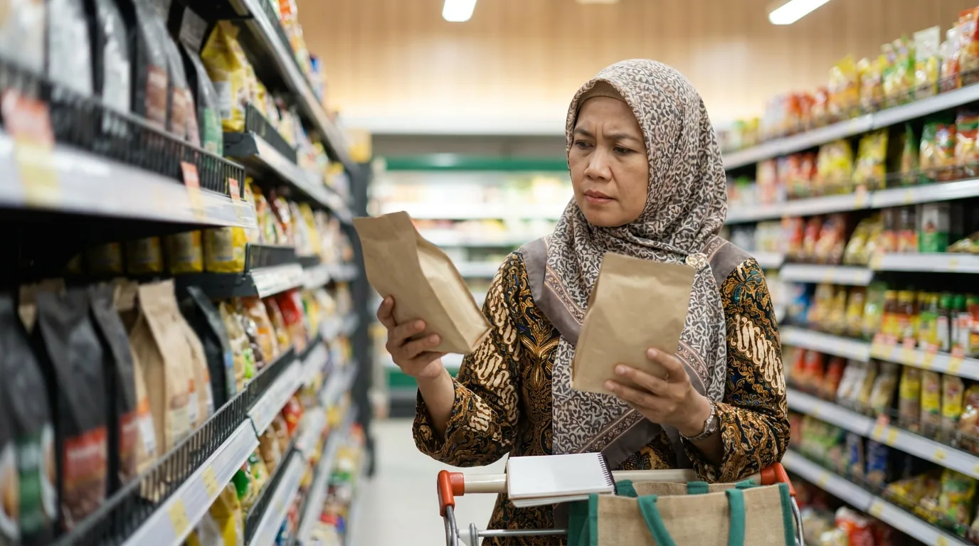 Seorang konsumen perempuan sedang membandingkan harga dua produk kebutuhan pokok di lorong supermarket untuk menghemat pengeluaran.