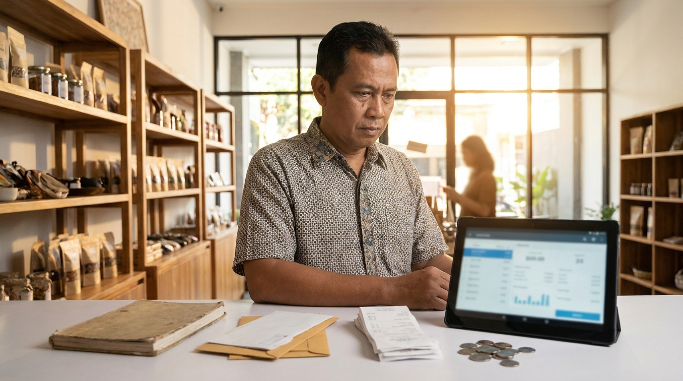 Pemilik usaha lokal di Indonesia sedang menganalisis data bisnisnya untuk mempersiapkan likuiditas dan strategi investasi.
