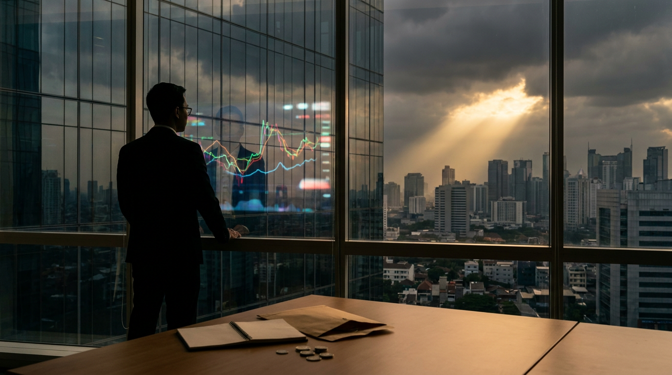 Siluet investor melihat pantulan layar pergerakan saham di jendela gedung perkantoran Jakarta yang merepresentasikan peluang di tengah kelesuan pasar.