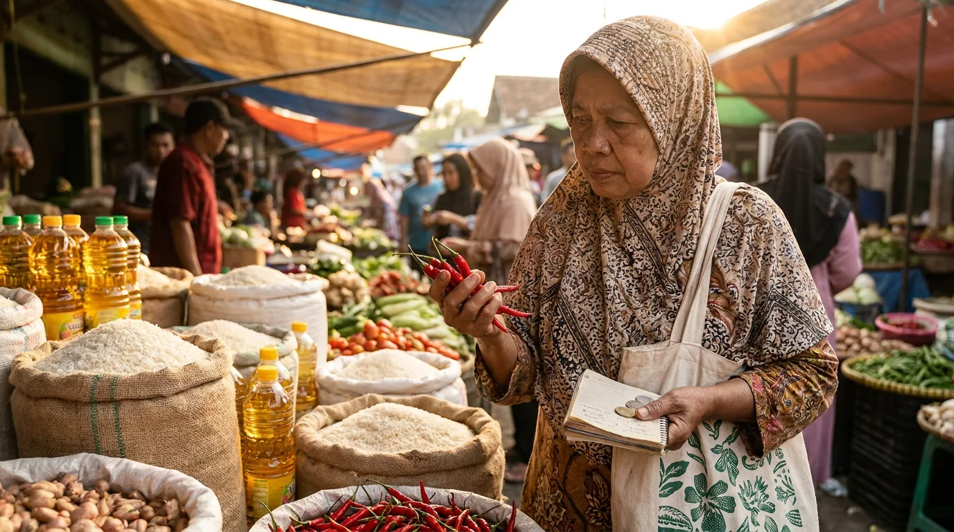 Seseorang sedang memilih bahan kebutuhan pokok dengan cermat di pasar tradisional Indonesia, melambangkan kedisiplinan finansial dan prioritas kebutuhan inti di tengah inflasi.