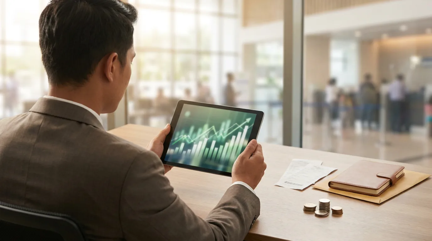 Seorang investor di Indonesia sedang memantau tren positif grafik saham sektor keuangan melalui tablet.