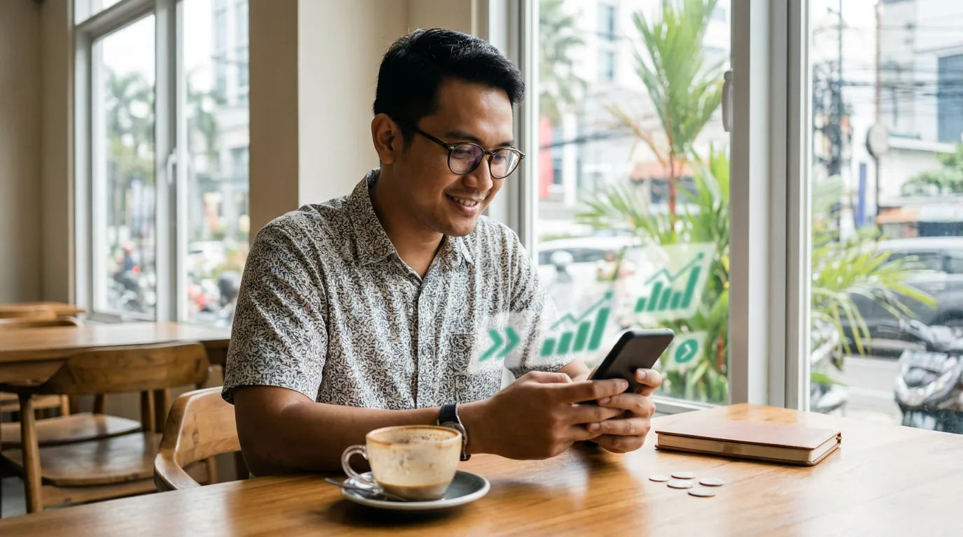 Milenial Indonesia yang tenang dan disiplin sedang mengevaluasi portofolio investasi jangka panjangnya melalui ponsel.