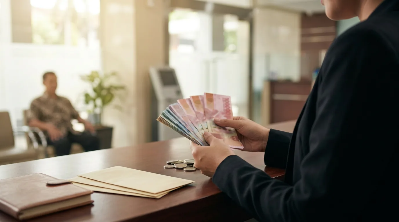 Tangan teller bank yang sedang menyusun uang tunai di meja kasir, menggambarkan perputaran arus kas dan laba perbankan.