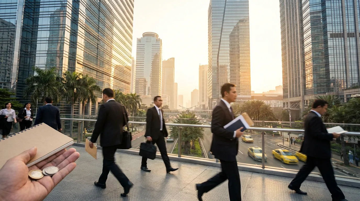 Suasana kawasan bisnis modern di Jakarta yang merepresentasikan pertumbuhan dan efisiensi raksasa perbankan.