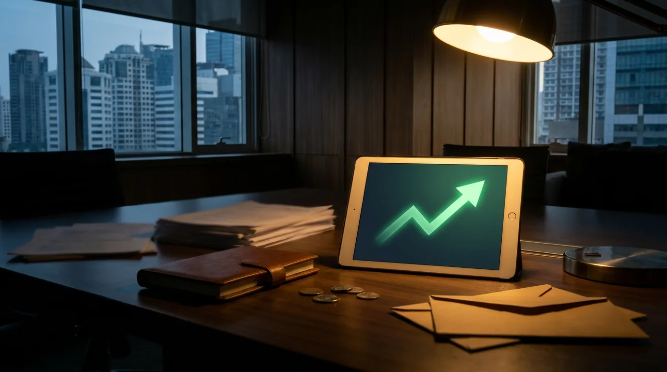 Dokumen finansial yang disingkirkan demi satu layar grafik yang disorot cahaya, merepresentasikan efisiensi dan konsolidasi aset institusi.