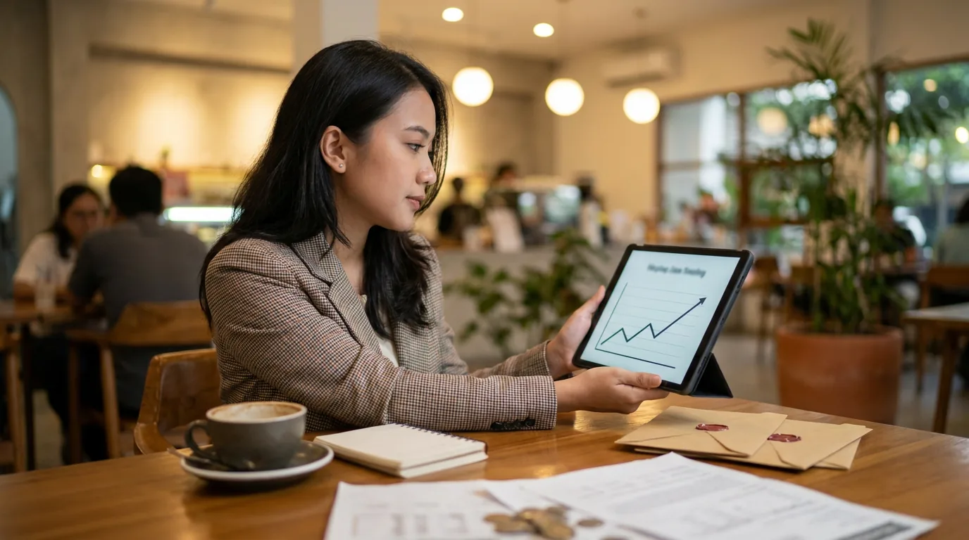 Seorang investor ritel Indonesia sedang mengevaluasi dan menyederhanakan portofolio investasinya secara fokus melalui tablet di sebuah kafe modern.