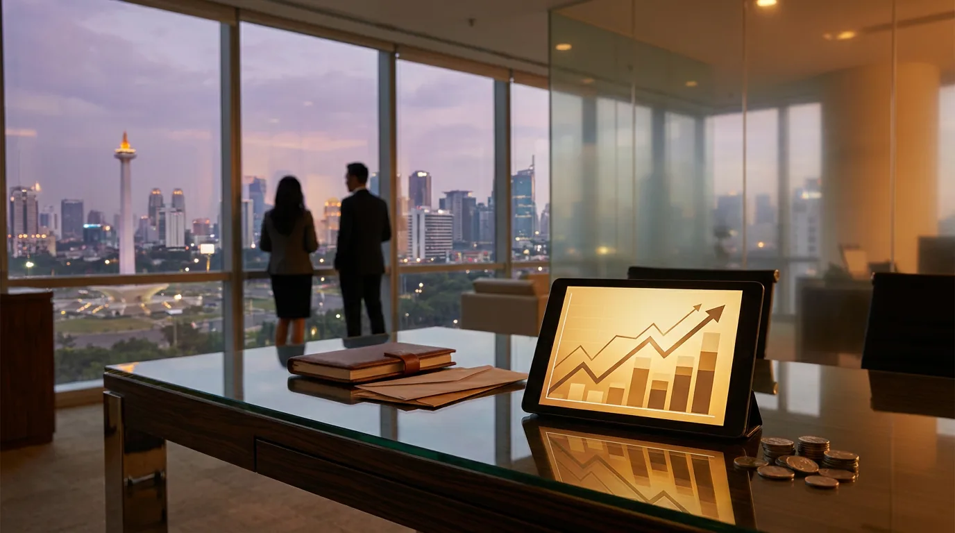 Ilustrasi meja kaca di kantor finansial modern Jakarta dengan satu grafik abstrak bersinar di layar tablet, melambangkan strategi fokus modal dan manajemen kekayaan.
