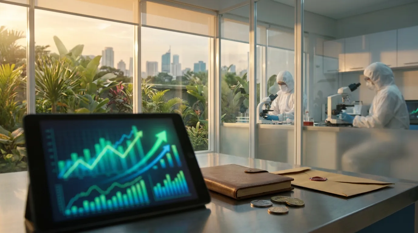 Suasana laboratorium farmasi modern dengan latar belakang grafik digital abstrak yang menunjukkan tren kenaikan saham bioteknologi.