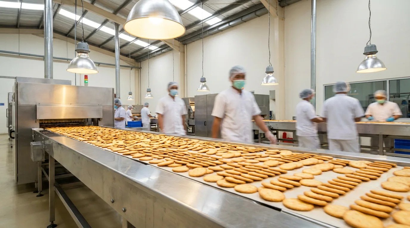 Proses produksi camilan di atas ban berjalan dalam sebuah pabrik makanan modern berskala besar di Indonesia.