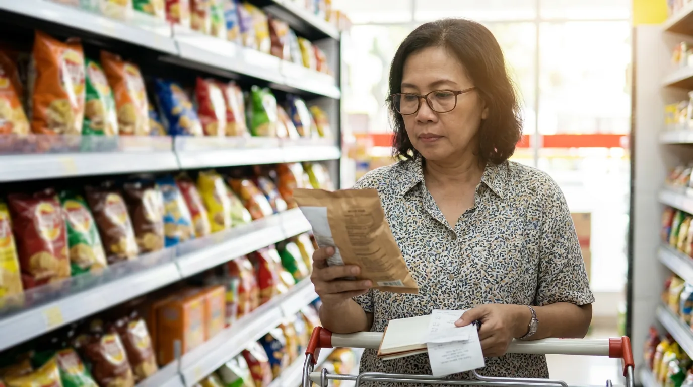 Seorang konsumen di lorong supermarket modern sedang mengamati kemasan camilan, melambangkan analisis pasar dan investasi di sektor barang konsumsi.