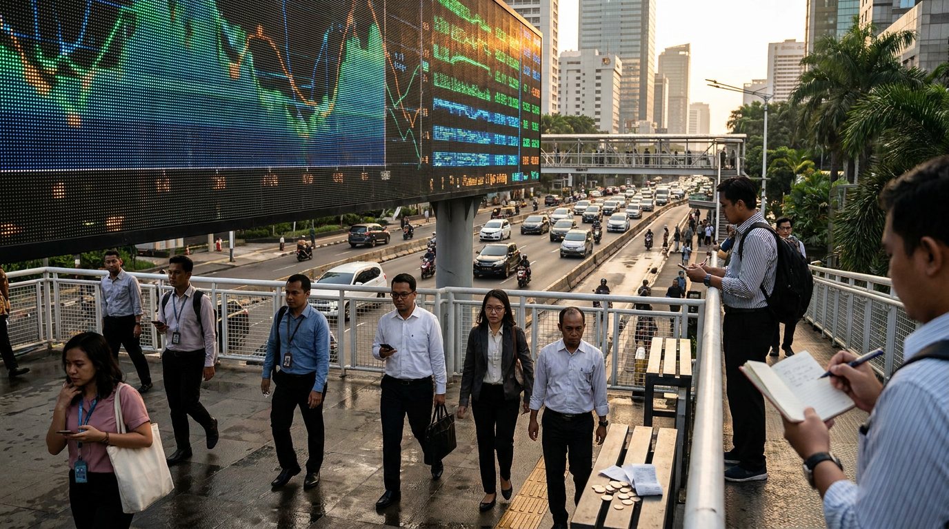 Papan digital raksasa menampilkan grafik data keuangan abstrak di tengah kawasan bisnis Jakarta yang sibuk.
