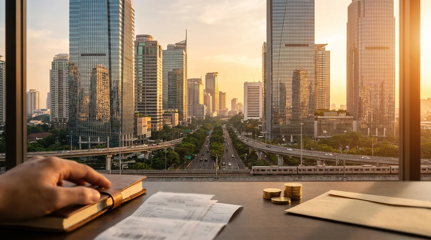 Pemandangan gedung pencakar langit di kawasan bisnis Jakarta saat matahari terbenam yang melambangkan stabilitas ekonomi dan pengelolaan kekayaan negara.