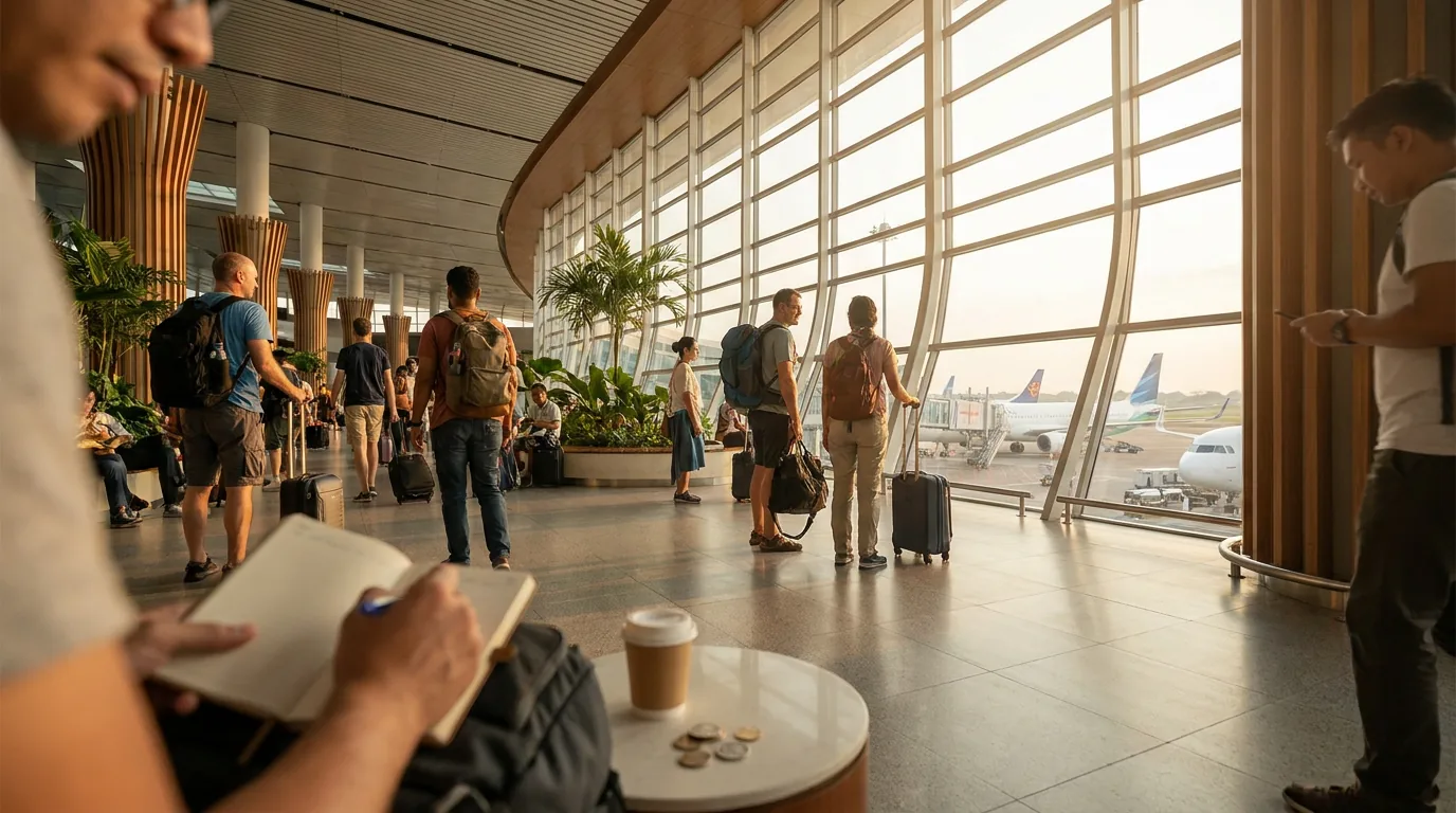 Pemandangan terminal bandara modern yang sibuk sebagai representasi aset bernilai tinggi dan investasi strategis.