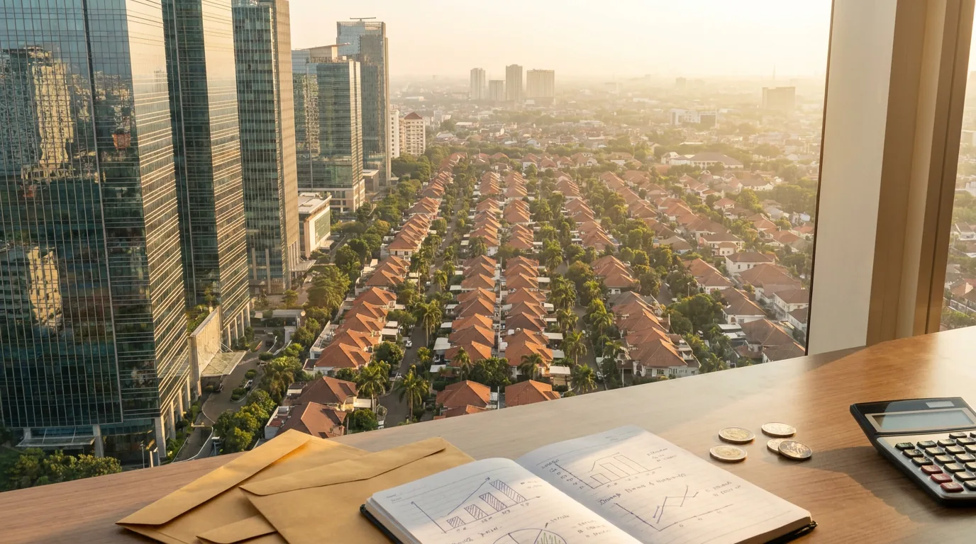 Pemandangan udara kawasan komersial dan perumahan di Indonesia yang merepresentasikan skala pengelolaan aset properti.