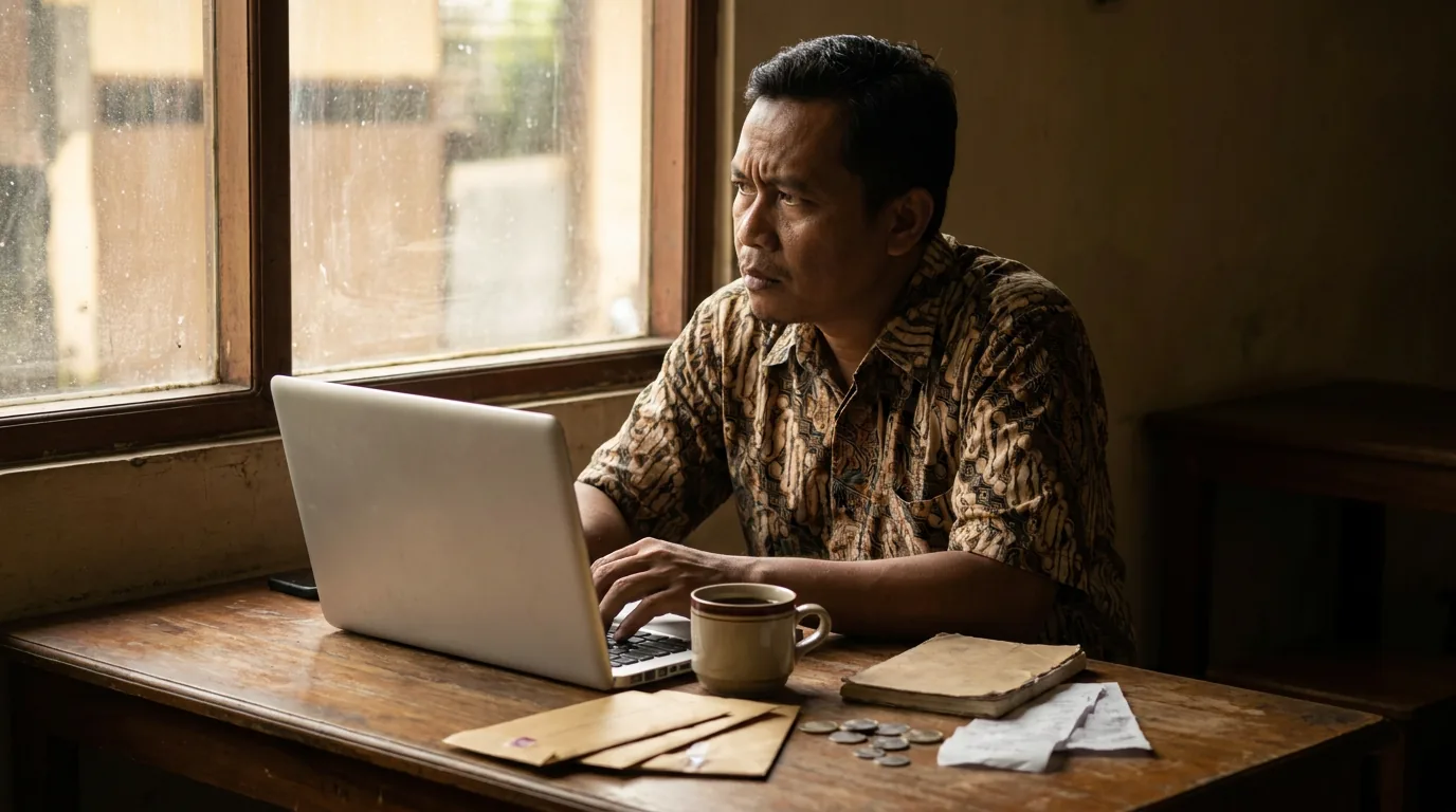 Seorang pekerja lepas di Indonesia tampak berpikir serius merenungkan kondisi keuangan dan ketidakpastian ekonomi.