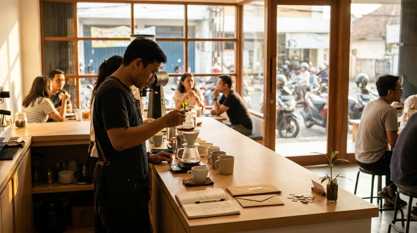 Suasana kedai kopi kekinian yang sibuk di Jakarta sebagai contoh penerapan strategi modal bisnis untuk UMKM.