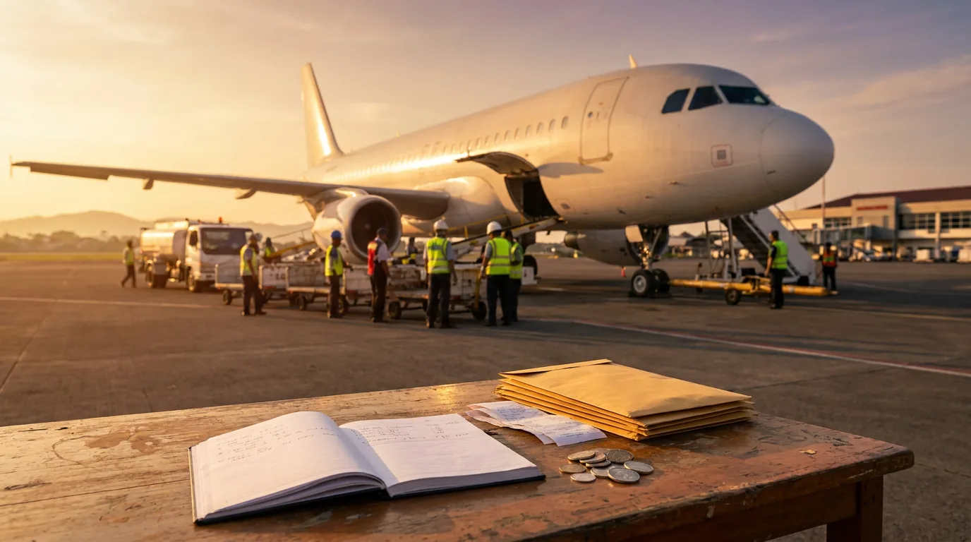 Pesawat komersial di landasan pacu bandara saat matahari terbenam sebagai simbol peluncuran bisnis berskala besar dan investasi modal.