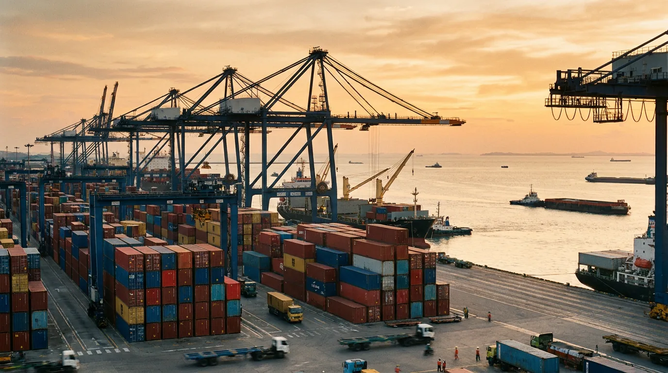 Suasana pelabuhan komersial yang sibuk dengan deretan kontainer dan derek industri, melambangkan pergerakan ekonomi makro dan fundamental perusahaan yang kuat.