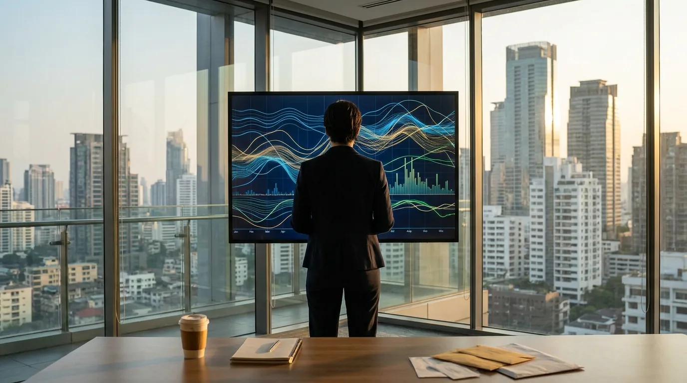 Seorang analis keuangan di gedung perkantoran modern Jakarta sedang memantau pergerakan data pasar saham abstrak, merepresentasikan strategi portofolio investasi.