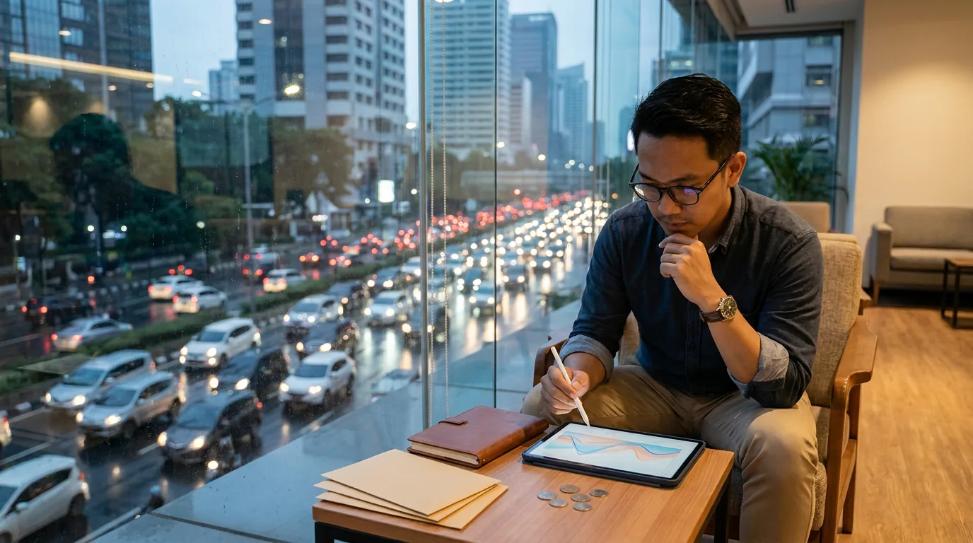 Profesional di gedung perkotaan Jakarta sedang memantau grafik keuangan, melambangkan penerapan strategi investasi inti dan satelit di tengah volatilitas pasar.