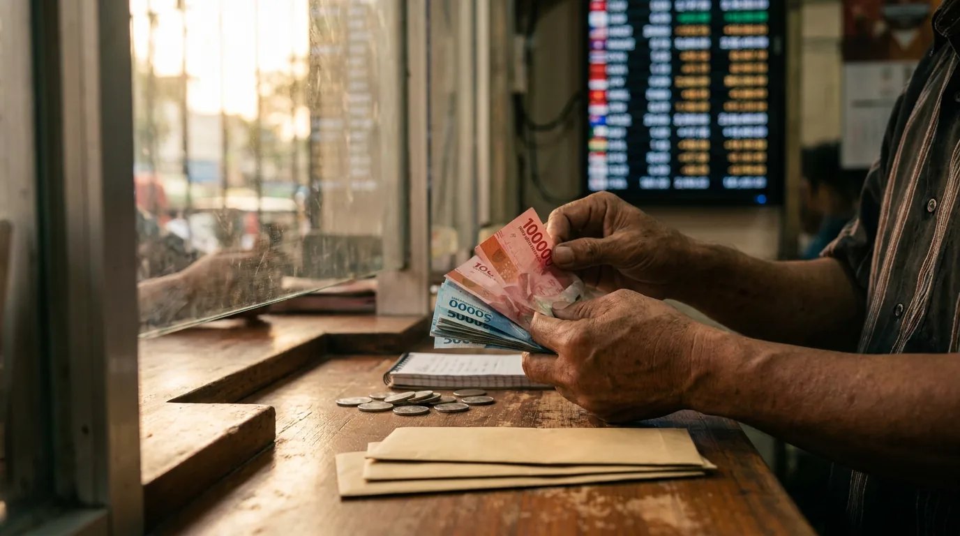 Tangan sedang menghitung uang kertas Rupiah di money changer dengan latar belakang papan bursa yang buram.