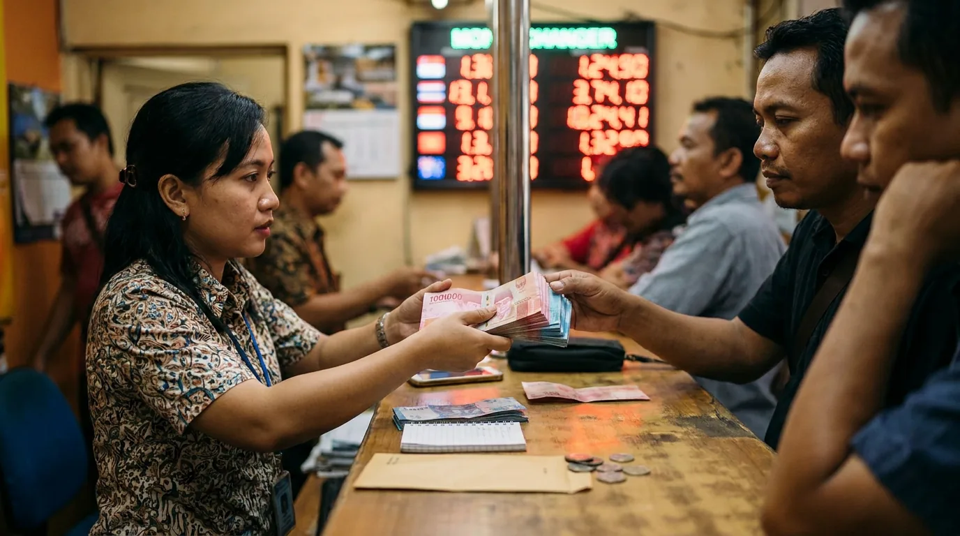 Transaksi penukaran uang Rupiah di money changer lokal yang menggambarkan fluktuasi nilai tukar mata uang akibat kebijakan global.