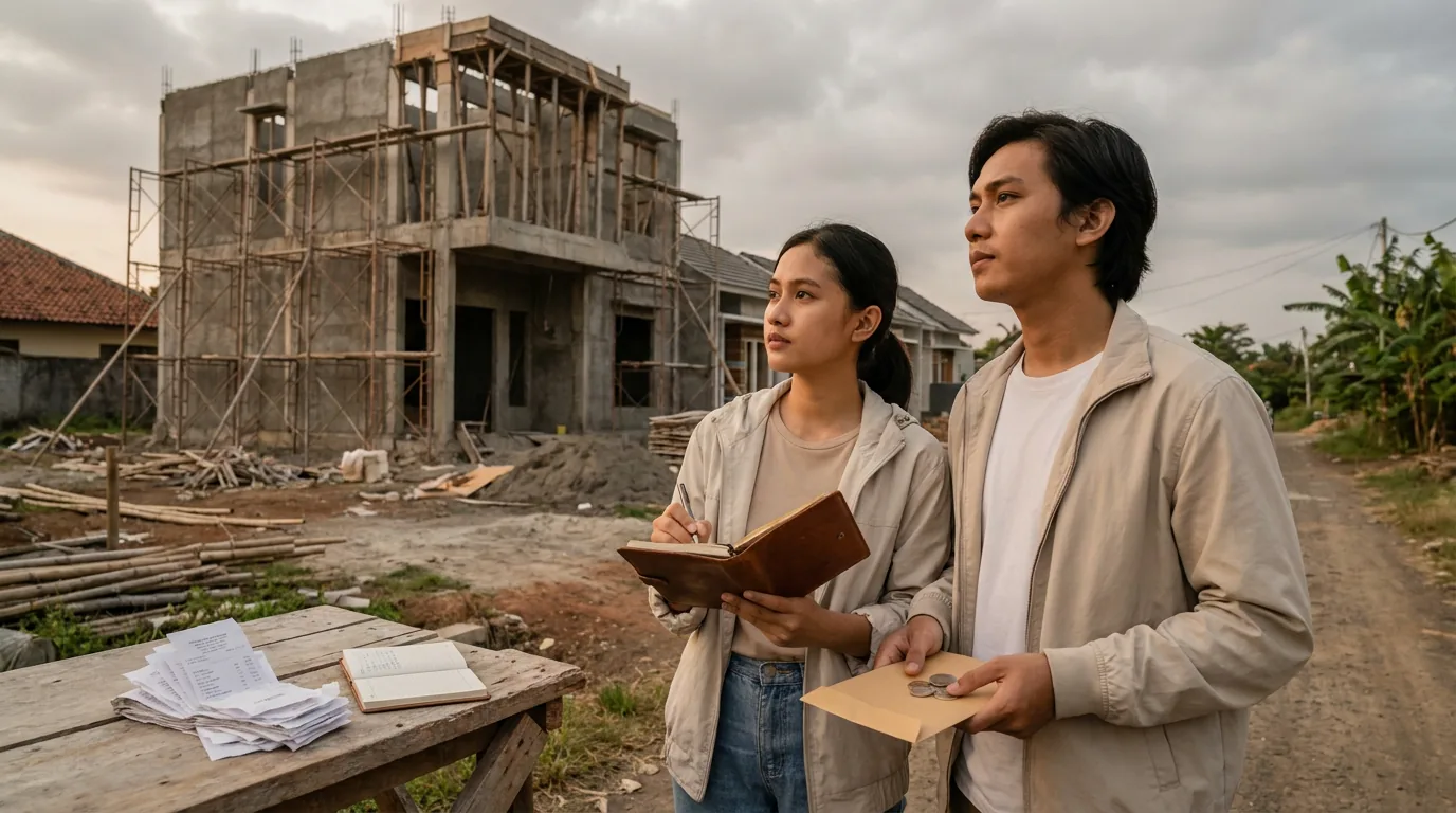 Pasangan muda Indonesia sedang meninjau proyek perumahan, merepresentasikan pertimbangan matang sebelum mengambil kredit pemilikan rumah di era bunga tinggi.