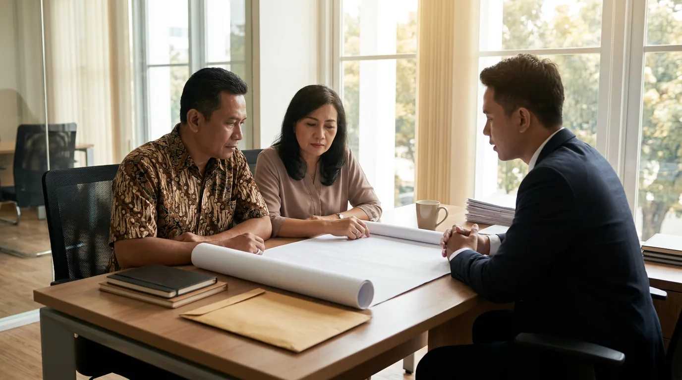 Pasangan berdiskusi serius dengan petugas bank mengenai pengajuan kredit rumah.