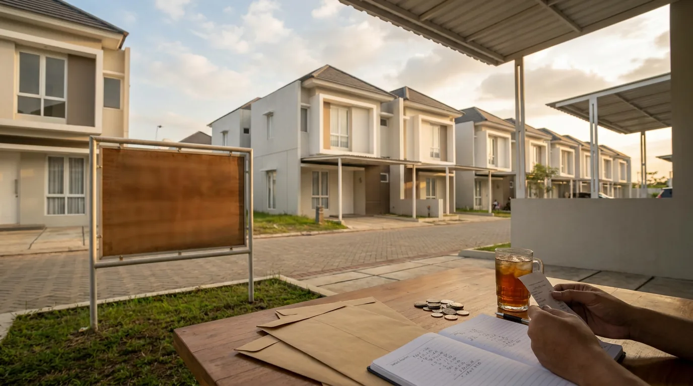 Deretan rumah modern di perumahan pinggiran kota dengan papan penawaran.