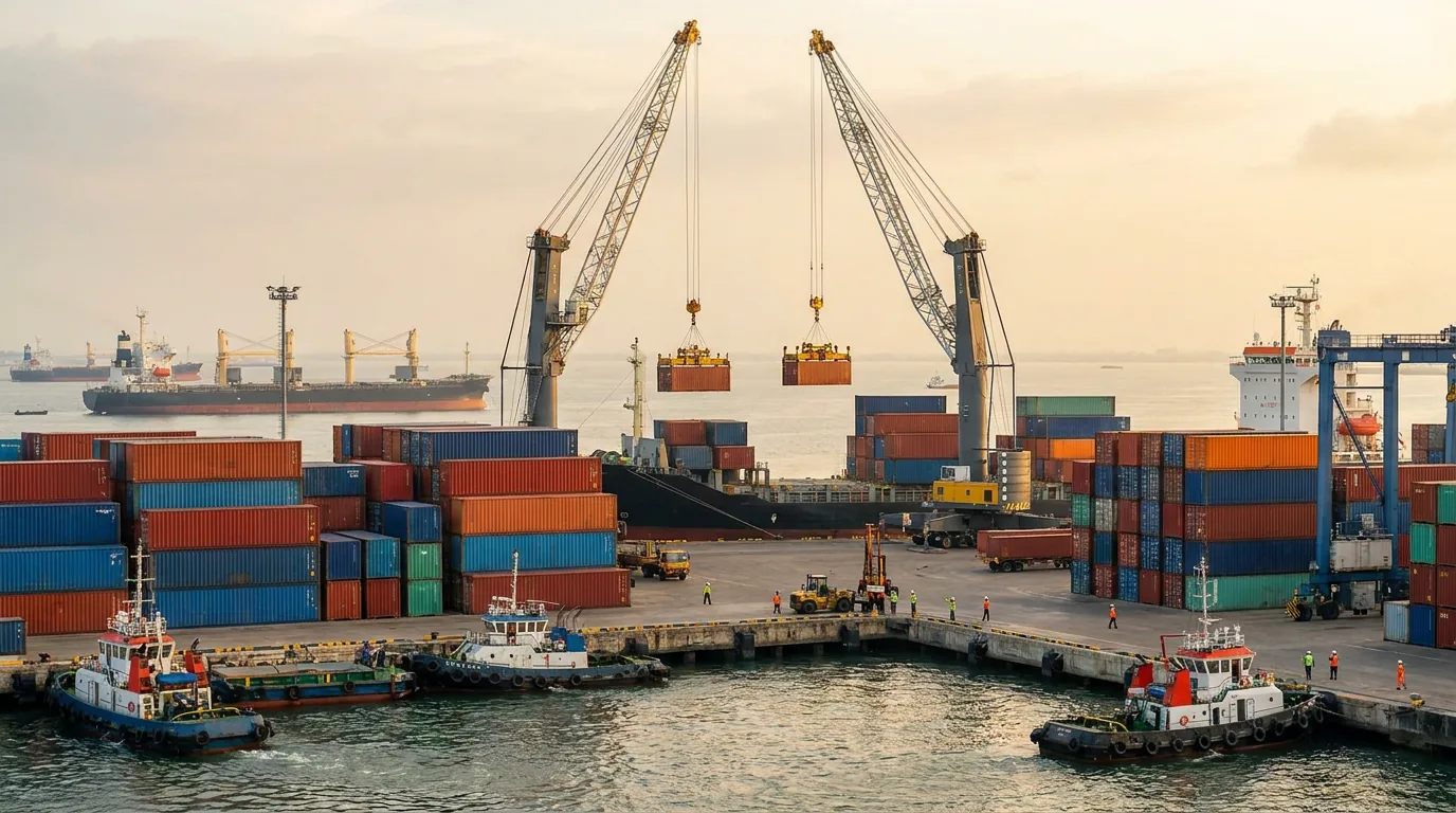 Aktivitas bongkar muat peti kemas di pelabuhan komersial yang merepresentasikan pergerakan ekonomi makro dan perdagangan global.