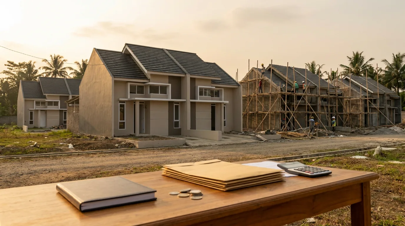 Pembangunan kompleks perumahan di kawasan sub-urban Indonesia yang menggambarkan sektor properti dan imbas suku bunga terhadap KPR.
