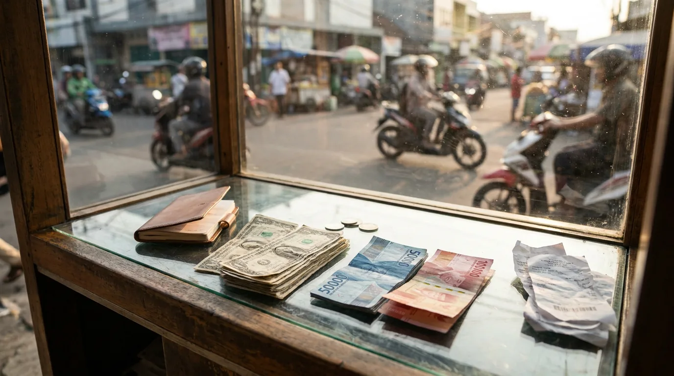 Tumpukan uang Dolar AS dan Rupiah di atas meja kaca money changer sebagai ilustrasi dampak ekonomi global terhadap nilai tukar.