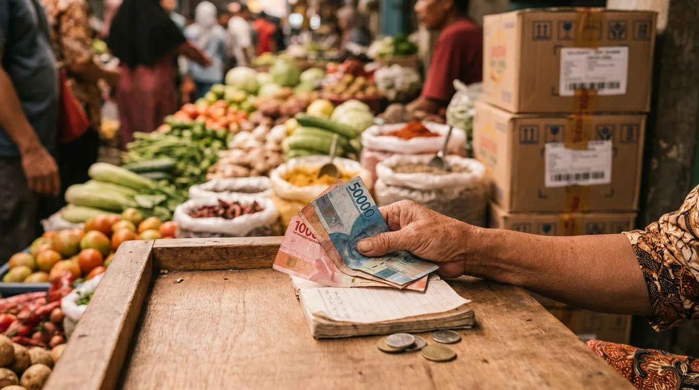 Konsumen bertransaksi menggunakan uang tunai Rupiah saat membeli kebutuhan pokok di pasar lokal.